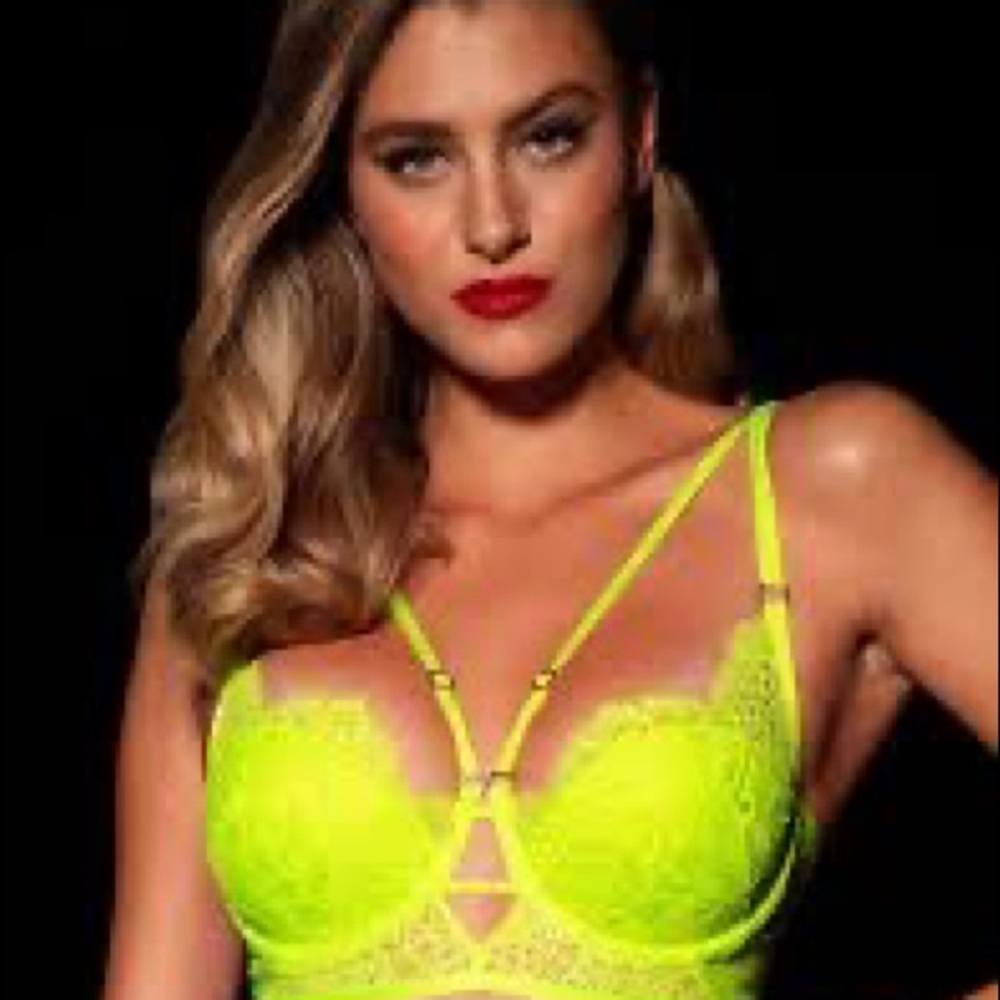 NWT Honey Birdette Vanessa yellow, Bra, Garter, Thing, brief, & Thigh high